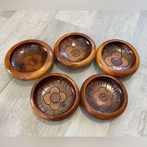 Vintage 2 Tone Wood Salad Bowls Hand Carved Flowers 5 Bowls